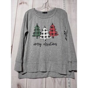 Merry‎ Christmas Shirt Womens Medium Gray Long Sleeve Tunic Raglan Plaid Trees